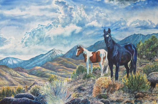 Mustangs Wild original watercolor by Christie Marie Elder featuring two wild horses in a Sierra Nevada high-desert landscape