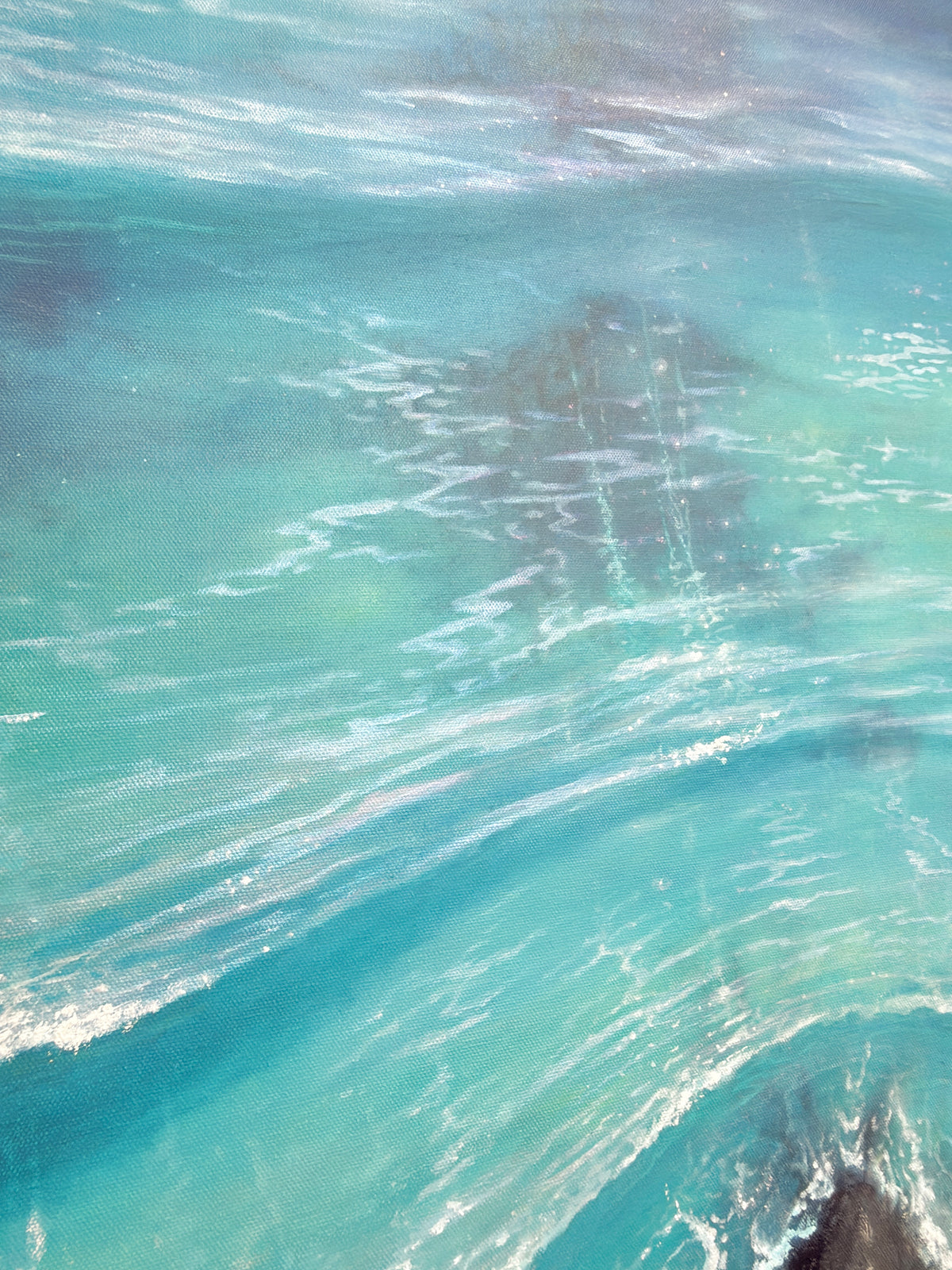 Detail of layered turquoise water and reflected light in Nalu me nā Nalu original oil painting