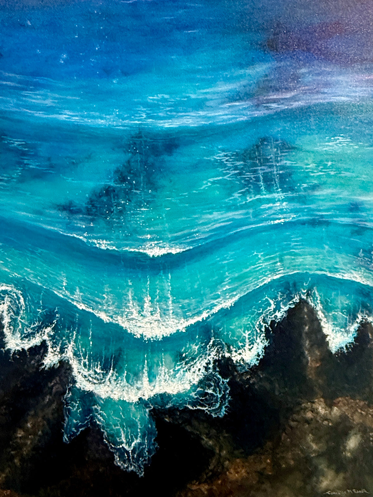 Nalu me nā Nalu original oil painting by Christie Marie Elder featuring layered turquoise ocean waves viewed from above