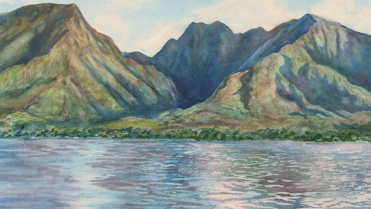 Watercolor landscape Maui Hawaii painting of a mountain range with a ocean in the foreground, featuring muted greens, blues, and grays.