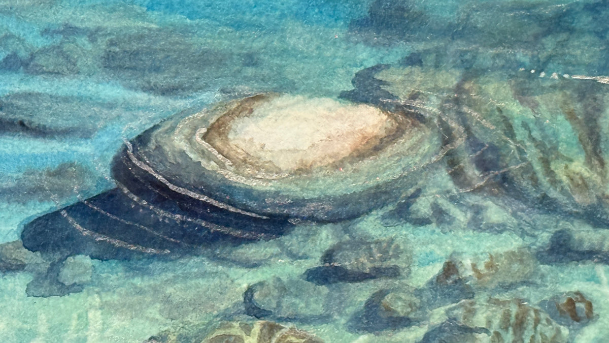 Clear Awakening watercolor - Lake Tahoe granite rocks in clear turquoise waters with surface ripples