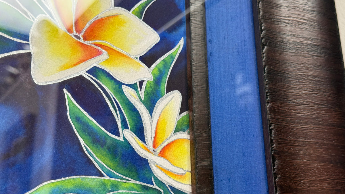 Close-up of Wedding Lei showing metallic silver linework, transparent watercolor, dark inner liner, and rich blue silk framing detail.