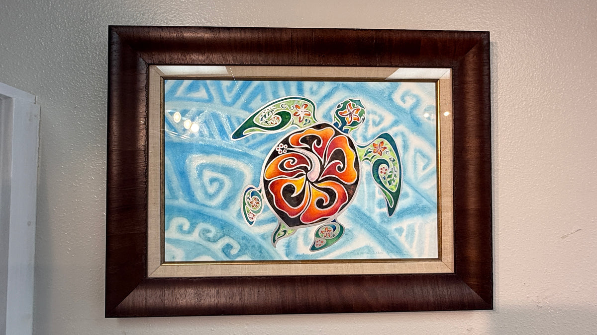 Nani Honu professionally framed original watercolor with dark wood frame, woven taupe liner and gold-toned fillet
