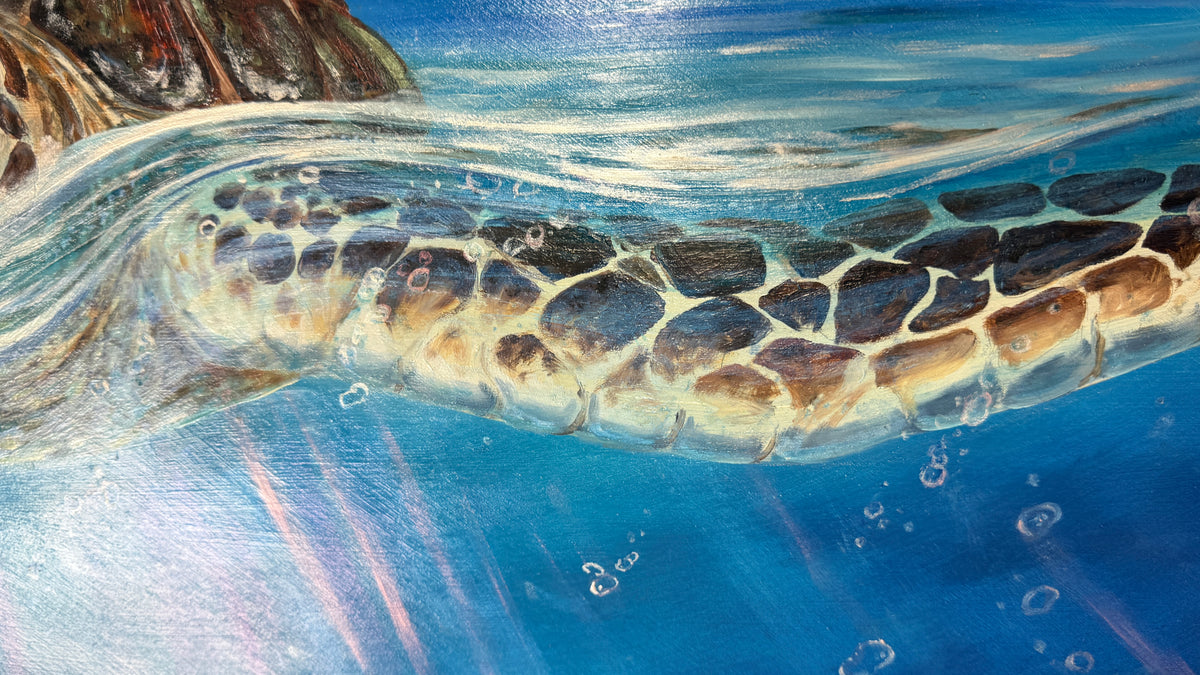 Detail of the honu swimming through clear blue water in Peace of the Tropics original oil painting