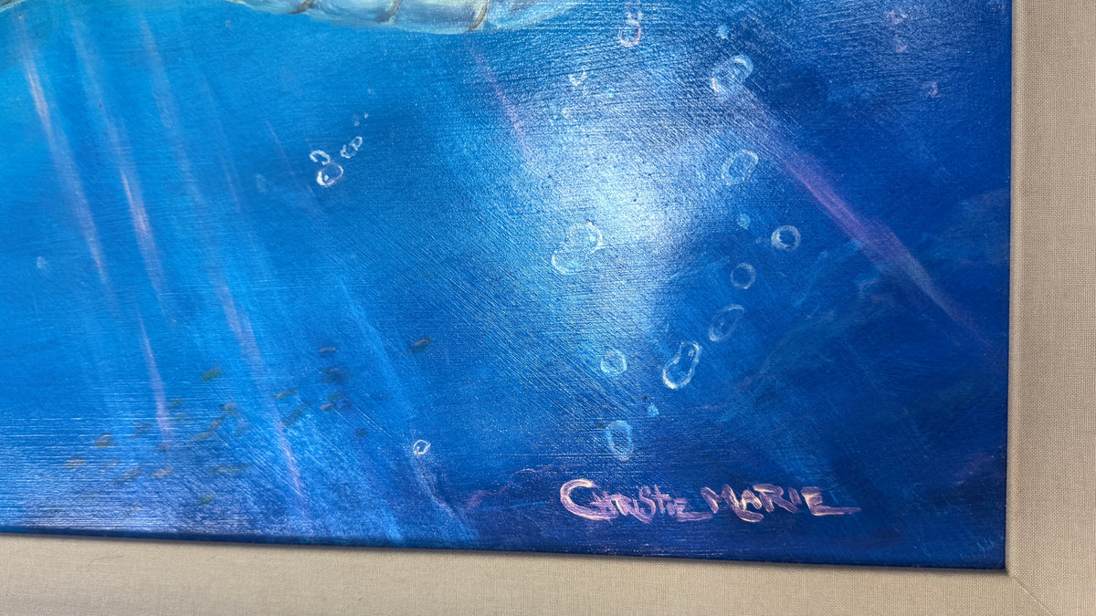 Artist signature detail on Peace of the Tropics original oil painting by Christie Marie Elder