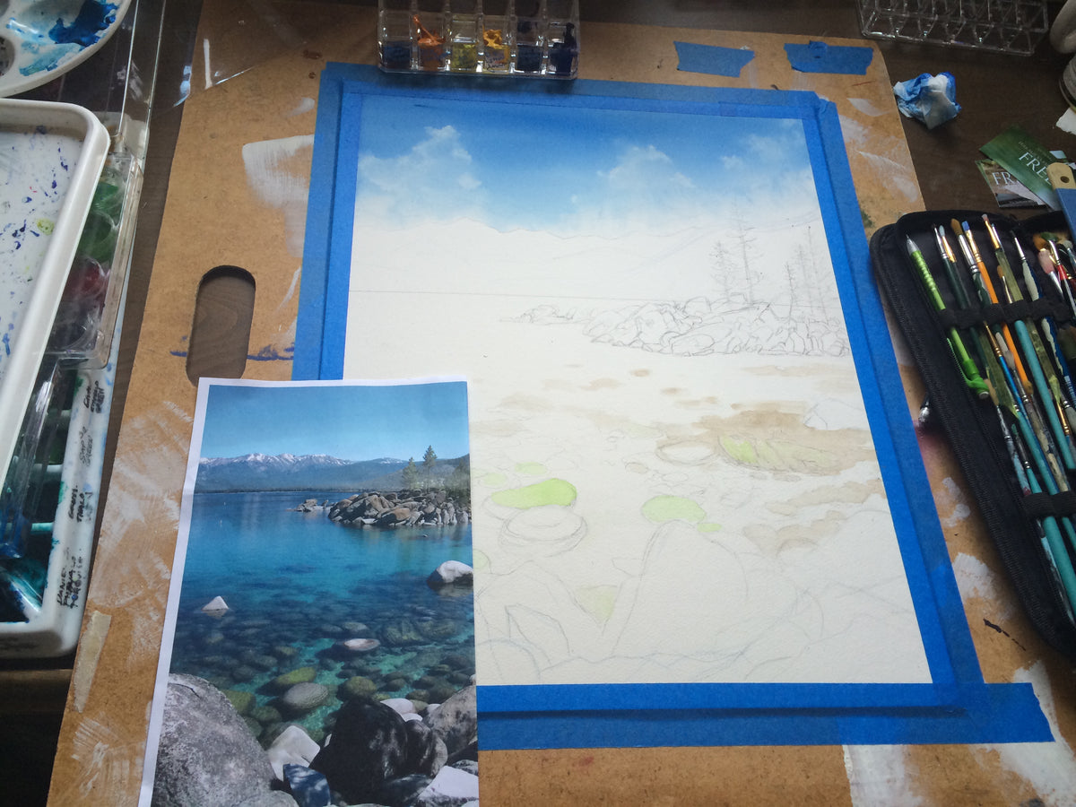 Early painting stage of Clear Awakening sketch and watercolor start beside the Lake Tahoe reference photograph