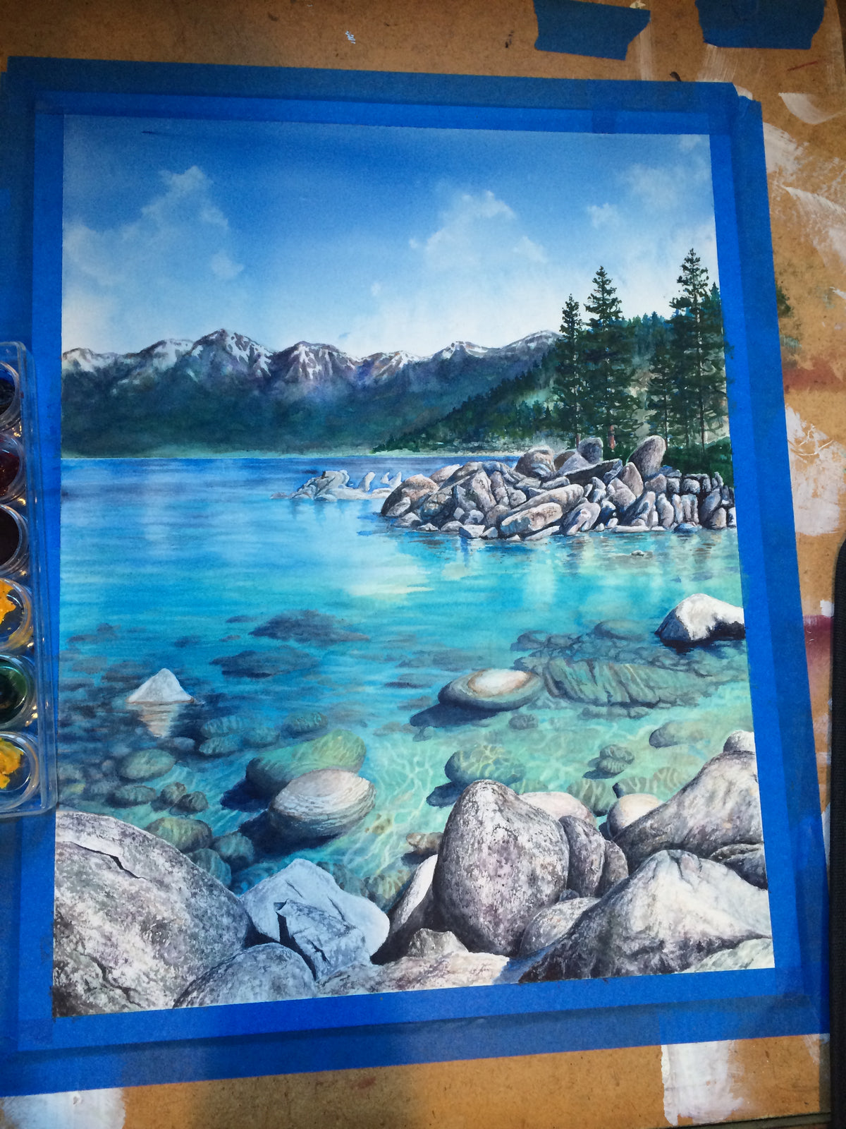 Near-finished stage of Clear Awakening showing layered transparent water submerged rocks and reflected light