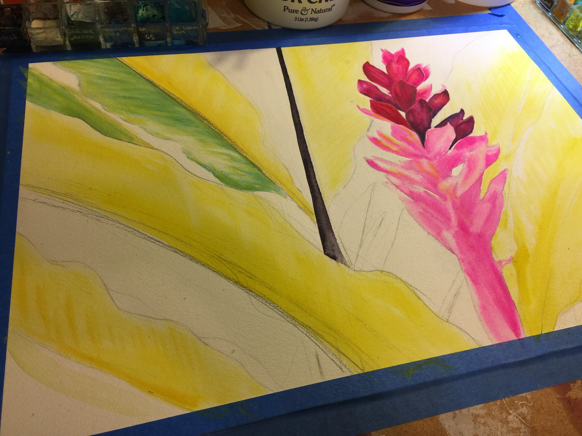 Tropical Flame watercolor in progress showing the first painted layers of red ginger and tropical foliage over the original drawing