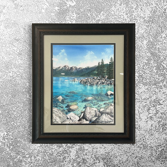 Original Watercolor Painting Lake Tahoe Sand Harbor Art turquoise water Mountain Nature Framed Art by Artist Christie Marie Elder-Russell ©