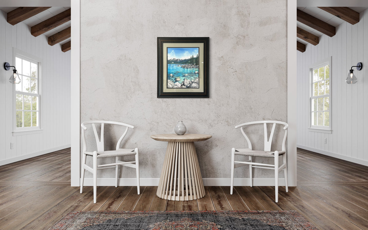 Interior visualization of Clear Awakening Lake Tahoe framed watercolor displayed in a bright sophisticated room