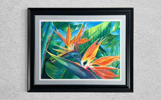 ORIGINAL Large Framed Hawaiian Bird of Paradise Watercolor Art Painting Tropical Flowers Hawaiian Art by Artist Christie Marie E. Russell ©