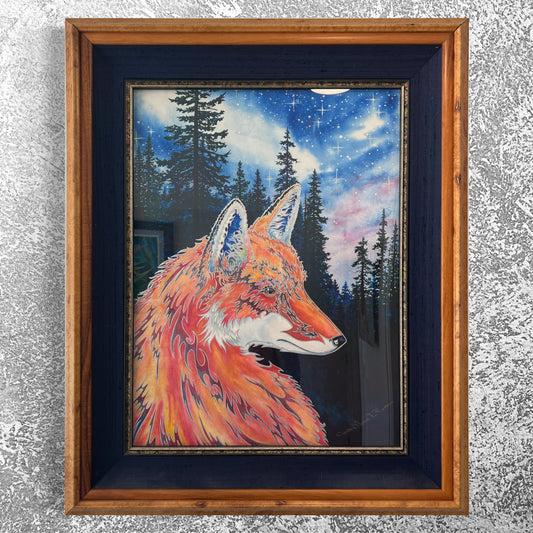 ORIGINAL"Spirit Fox" Professionally Framed Wild Fox Fine Art mixed media Watercolor silhouetted forest trees Christie Marie E. Russell ©