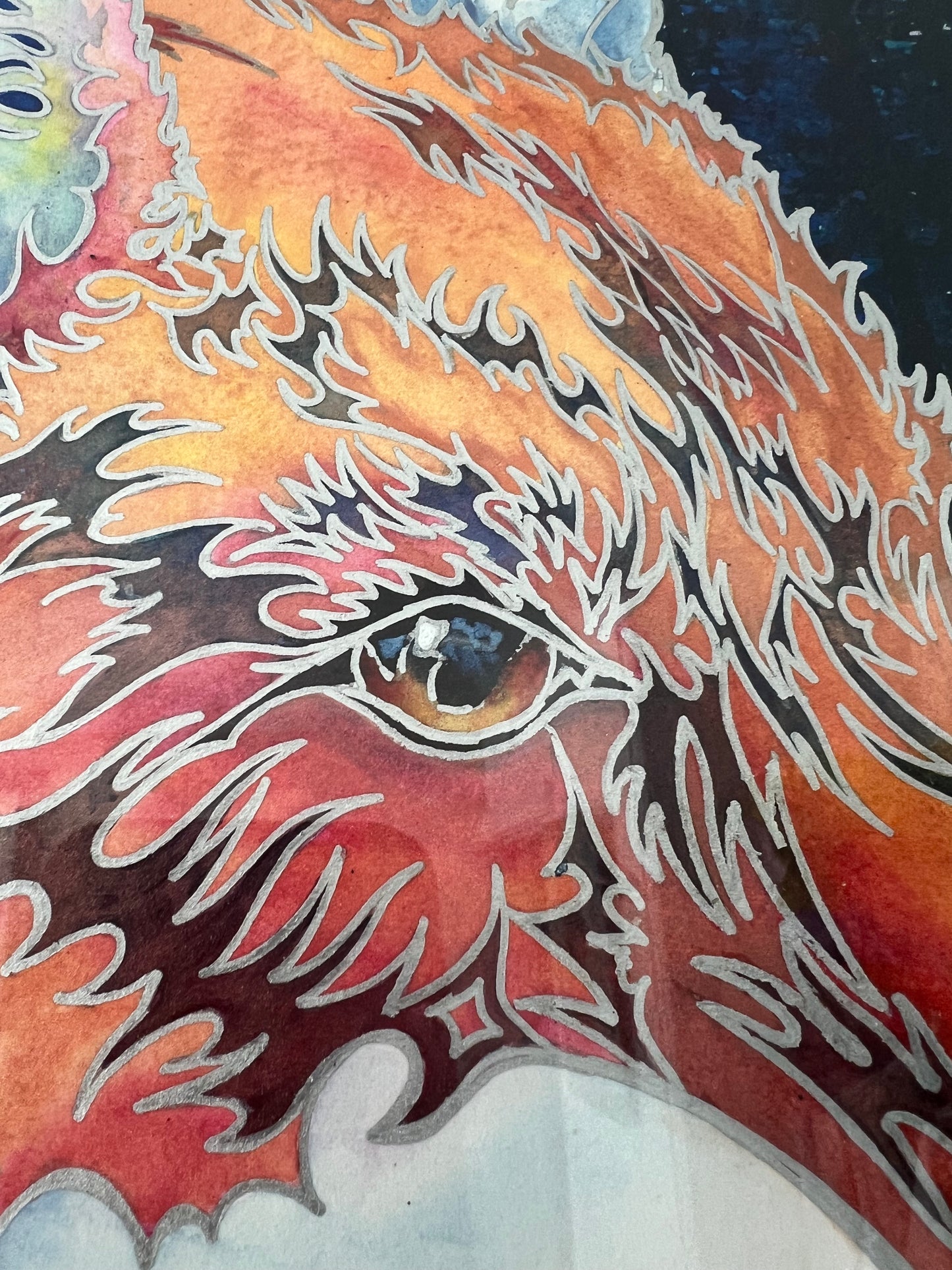 ORIGINAL"Spirit Fox" Professionally Framed Wild Fox Fine Art mixed media Watercolor silhouetted forest trees Christie Marie E. Russell ©