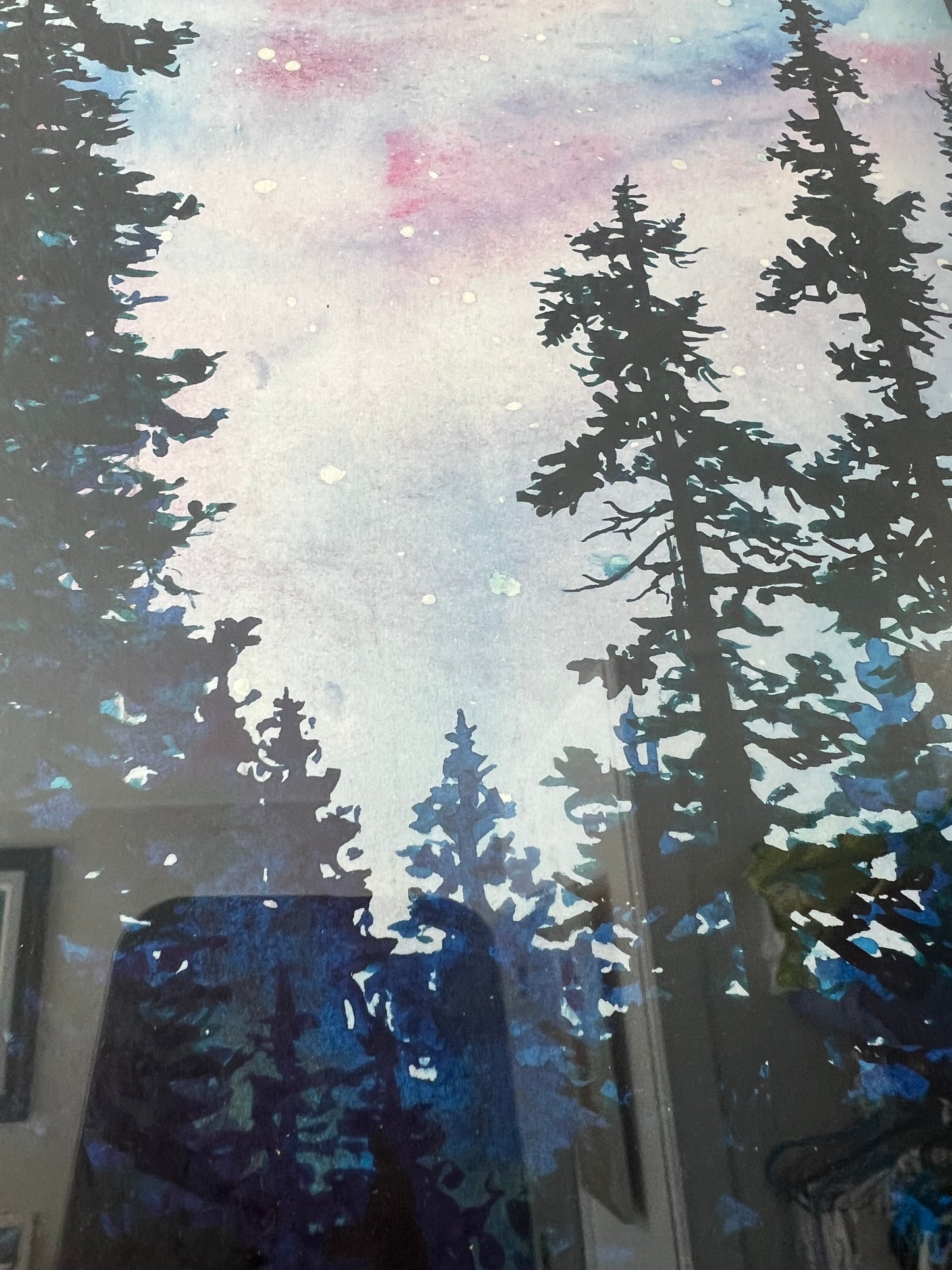 ORIGINAL"Spirit Fox" Professionally Framed Wild Fox Fine Art mixed media Watercolor silhouetted forest trees Christie Marie E. Russell ©