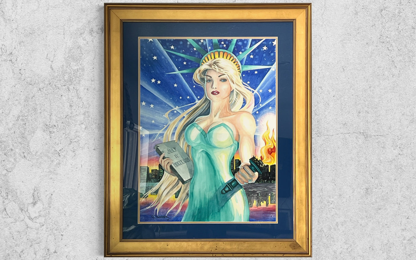 Original Large Watercolor Painting, Statue of Liberty Art, New York, Lady Liberty, Justice, American Freedom, Gold Frame, ChristieMarieART