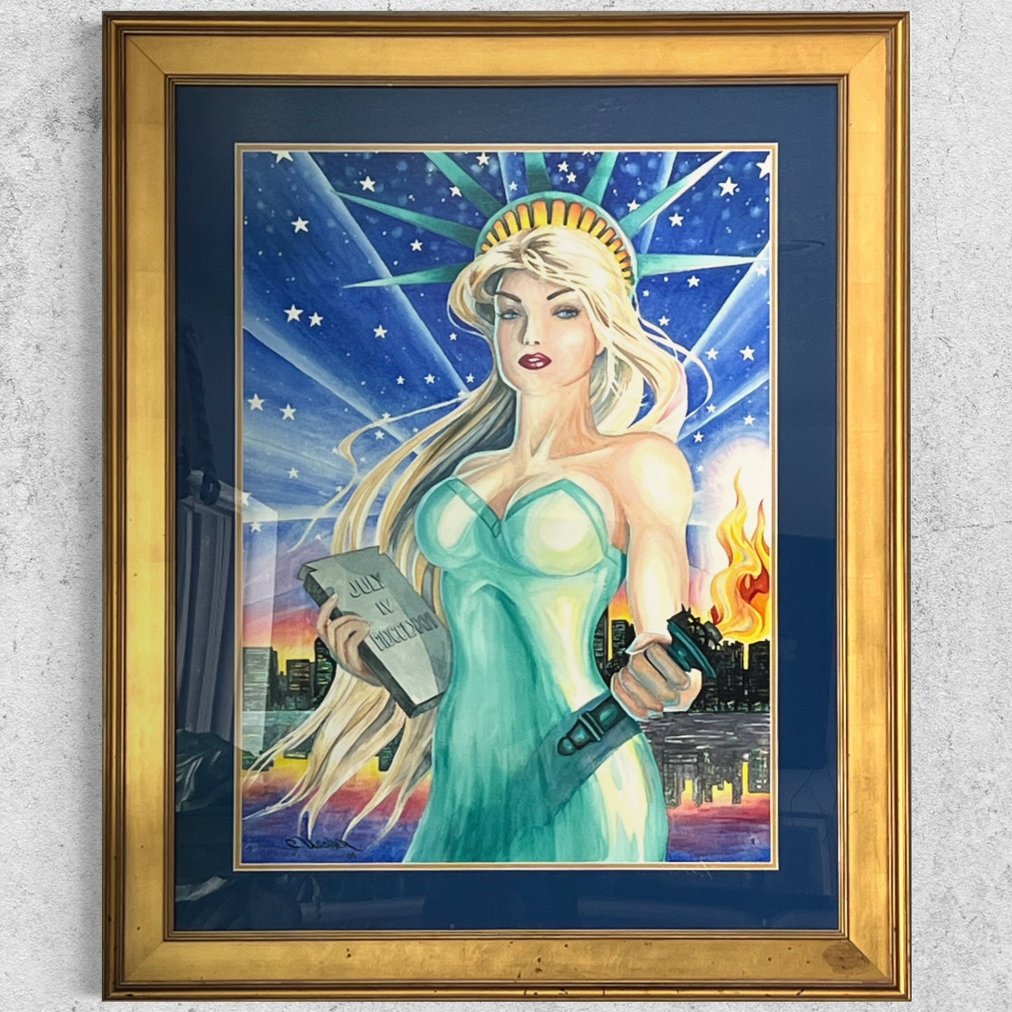 Original Large Watercolor Painting, Statue of Liberty Art, New York, Lady Liberty, Justice, American Freedom, Gold Frame, ChristieMarieART