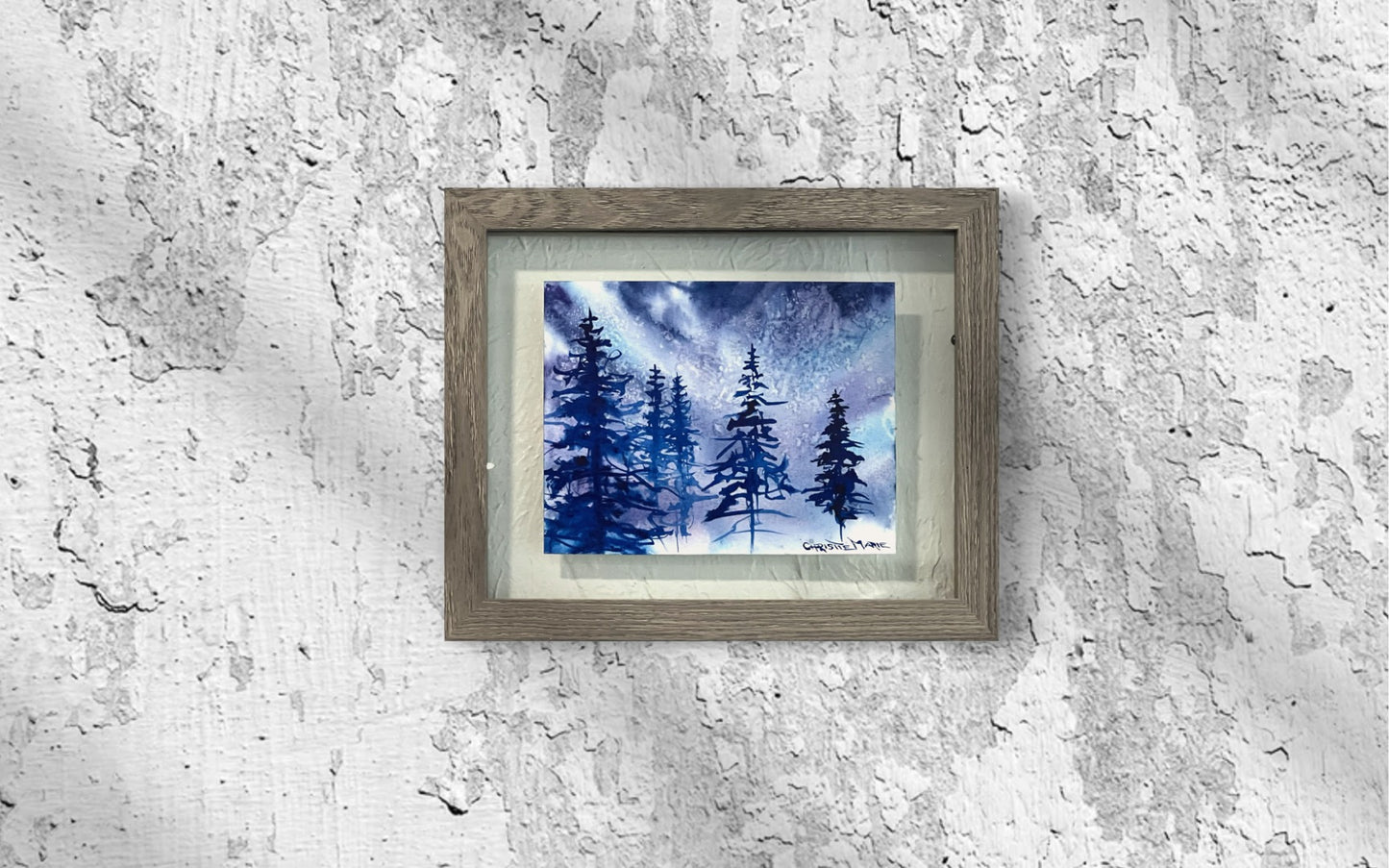 Original Watercolor Painting "Indigo Muse" Mountain Forest brush stroke abstract, indigo pine forest light