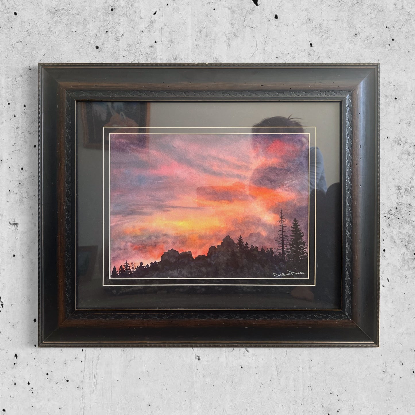 Landscape Original Watercolor paintng Art "Tahoe Expressions" sunset w silhouetted forest pine trees Christie Marie E Russell ©
