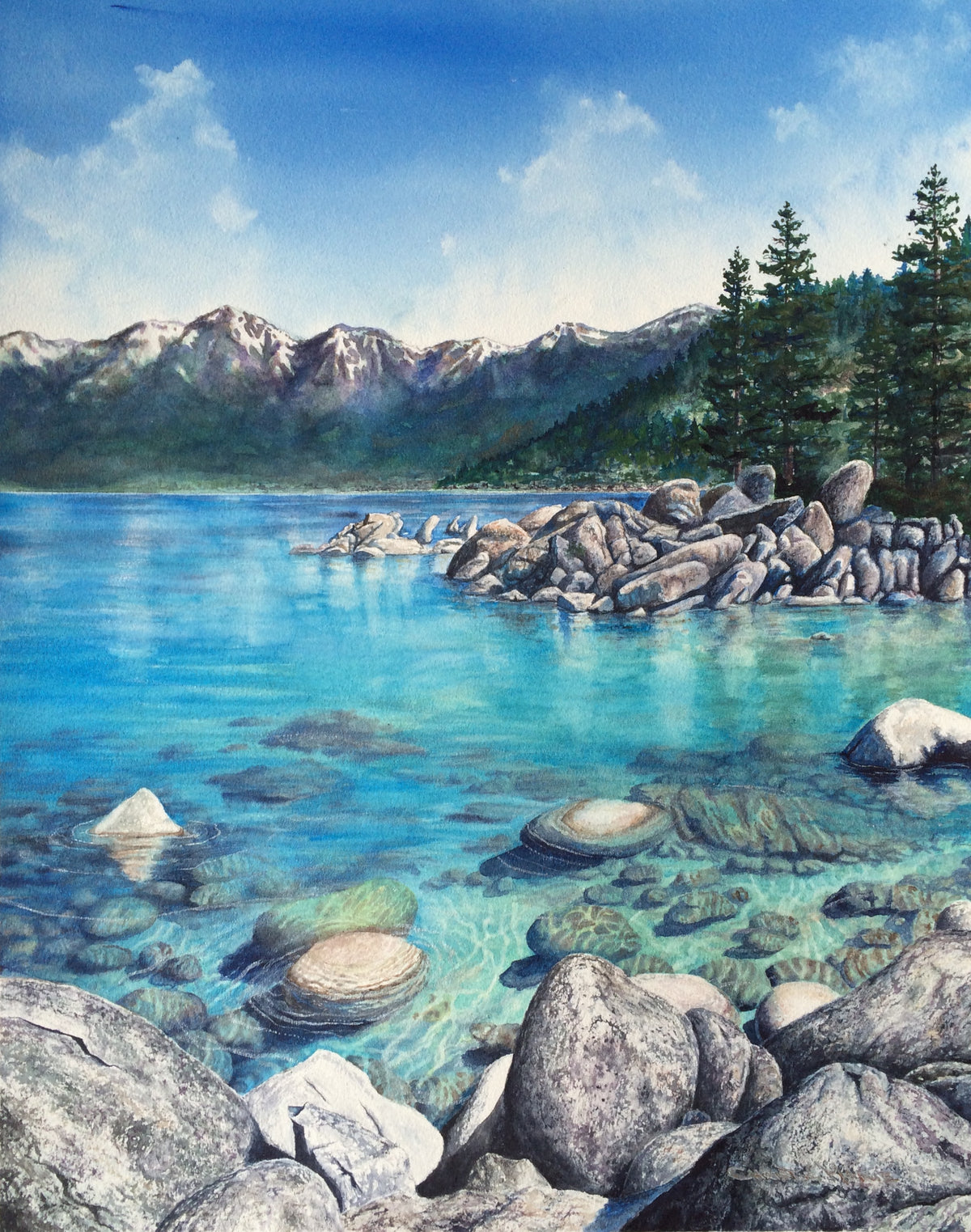 Clear Awakening original watercolor by Christie Marie Elder depicting turquoise Lake Tahoe water granite rocks and Sierra Nevada mountains
