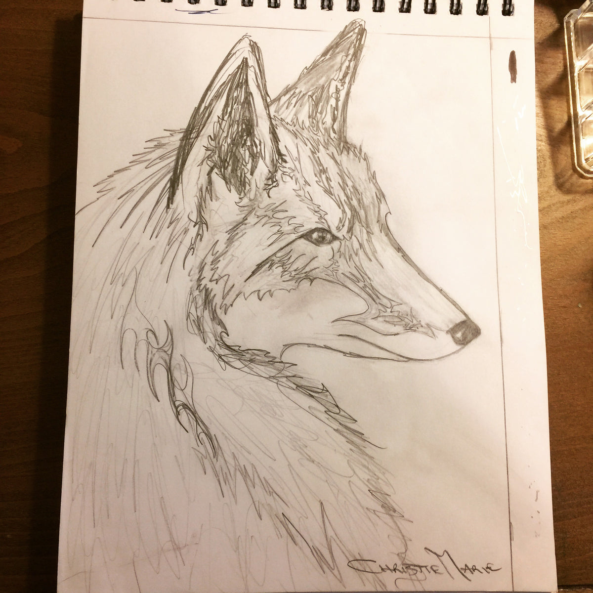 Original pencil sketch for Spirit Fox by Christie Marie Elder showing the early concept and linework