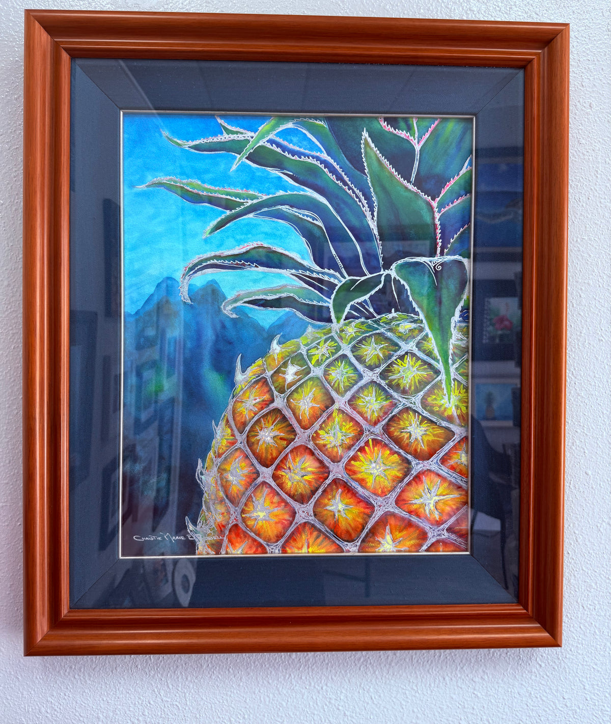 Sweet Welcome original watercolor by Christie Marie Elder, professionally framed in warm wood and deep blue matting