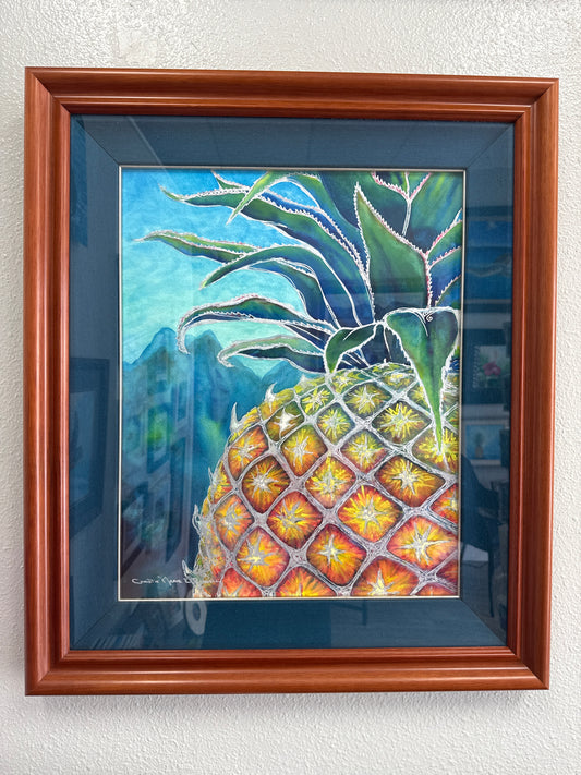 Original Mixed Media Artwork "Sweet Welcome" Stylized Pineapple Art Framed Painting