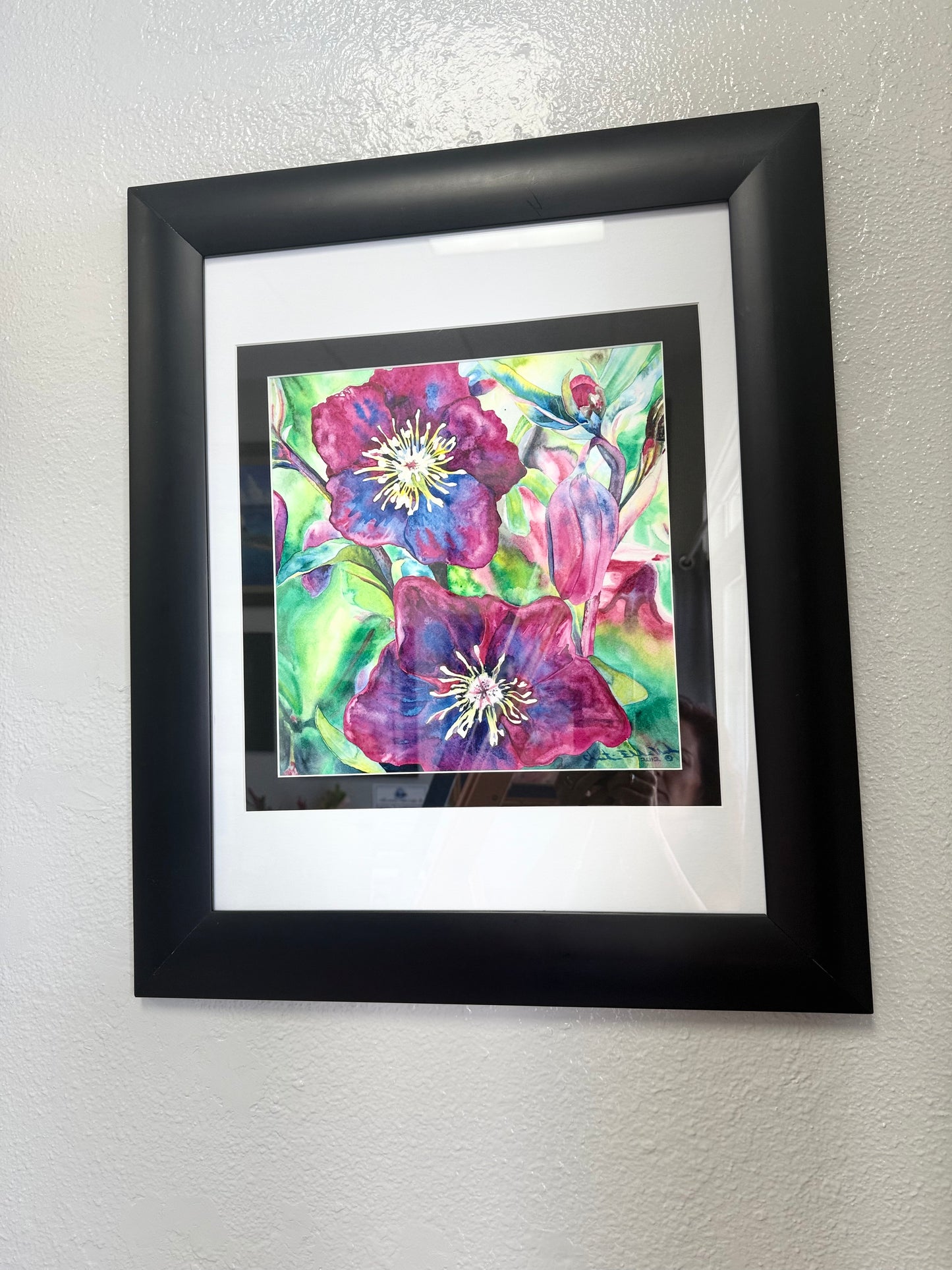 Framed Original Fine Art - PASSION - magenta pink flowers - 12" X 12"  Original Watercolor Painting Christie Marie E. Russell ©