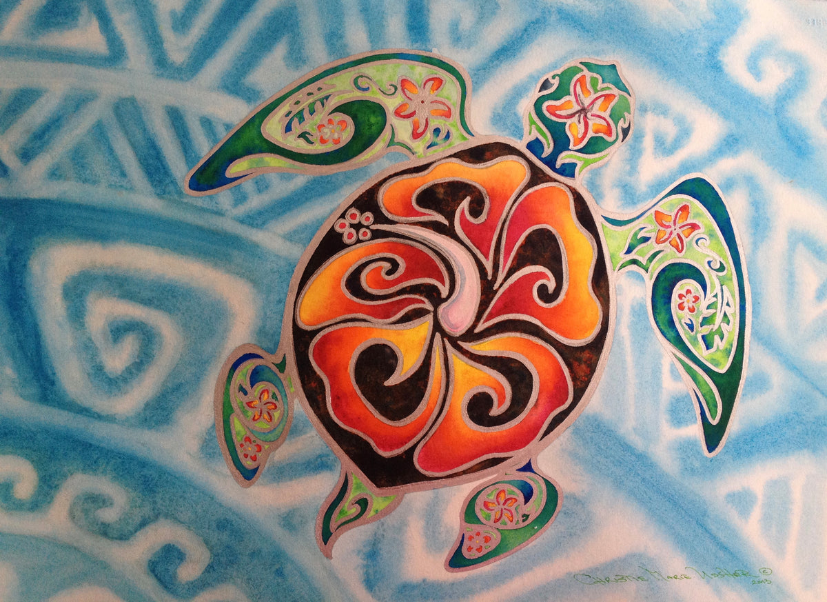 Nani Honu original sea turtle watercolor by Christie Marie Elder with tropical florals and metallic silver linework