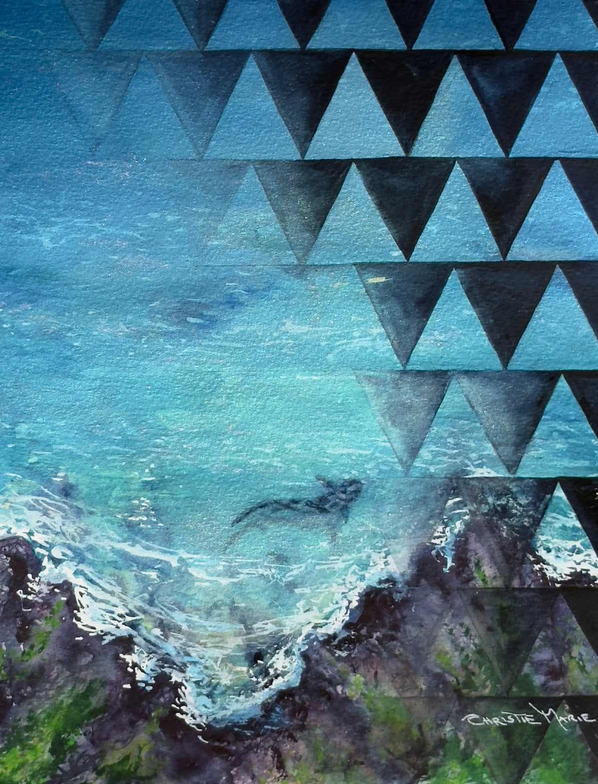 Mano Niho original watercolor by Christie Marie Elder featuring a tiger shark beneath luminous turquoise ocean water and bold geometric patterning