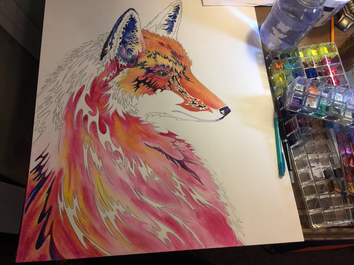 Spirit Fox watercolor in progress showing the fox developing through tattoo-inspired linework and transparent color
