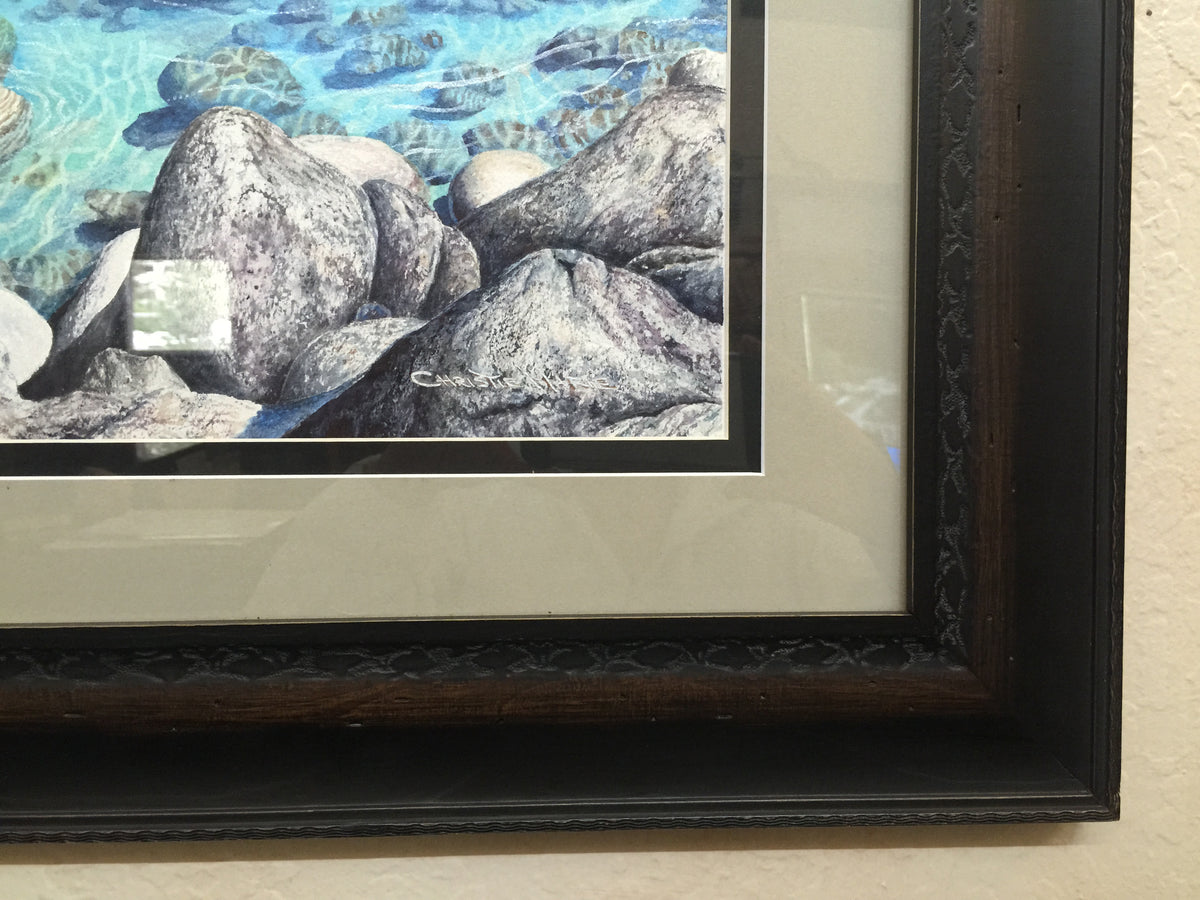 Clear Awakening original watercolor by Christie Marie Elder depicting turquoise Lake Tahoe water granite rocks and Sierra Nevada mountains
up close of etched wood frame and mattings with artist signature