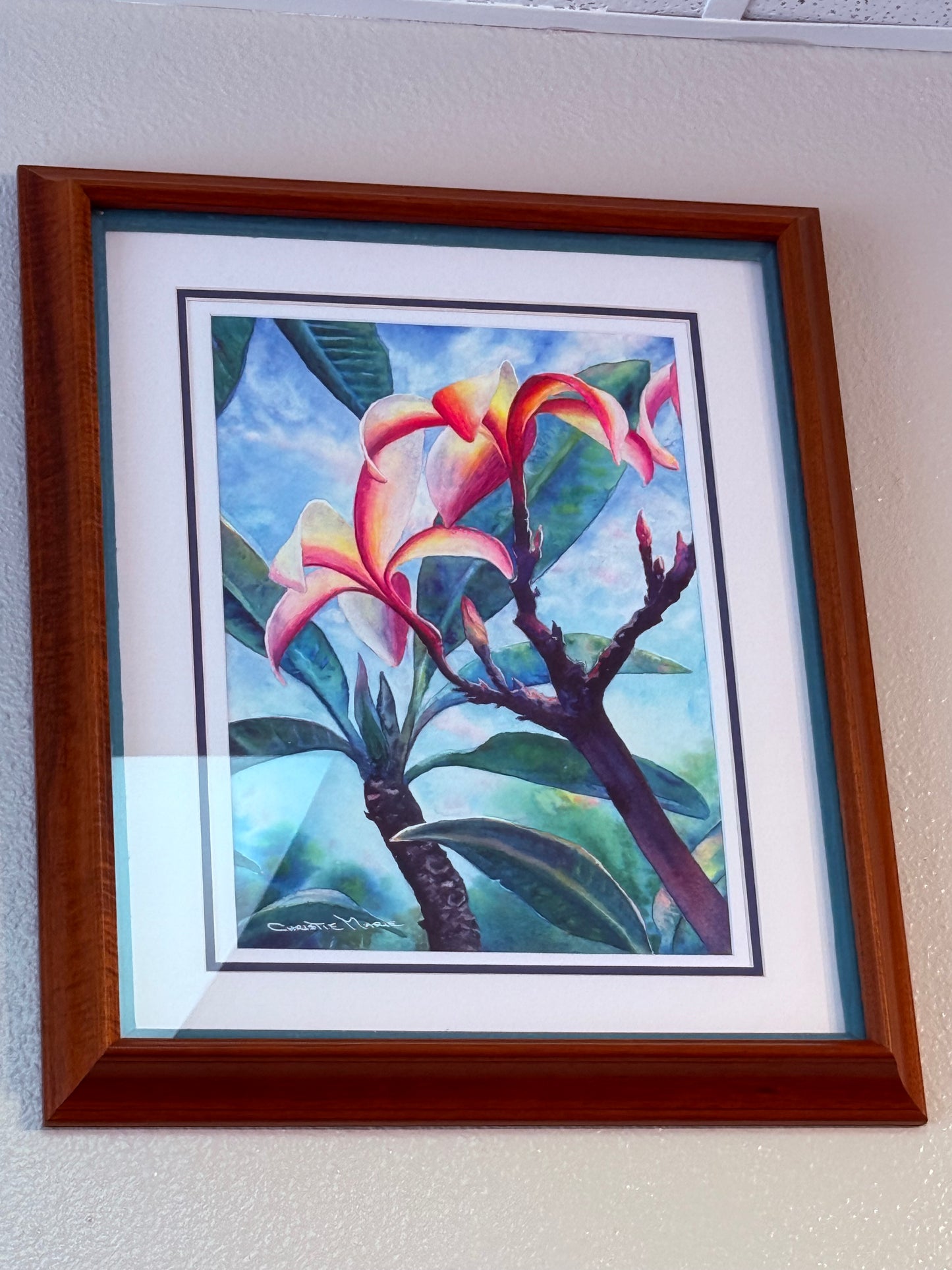 Original Framed Watercolor Painting - Plumeria / Frangipani Garden Floral Art -