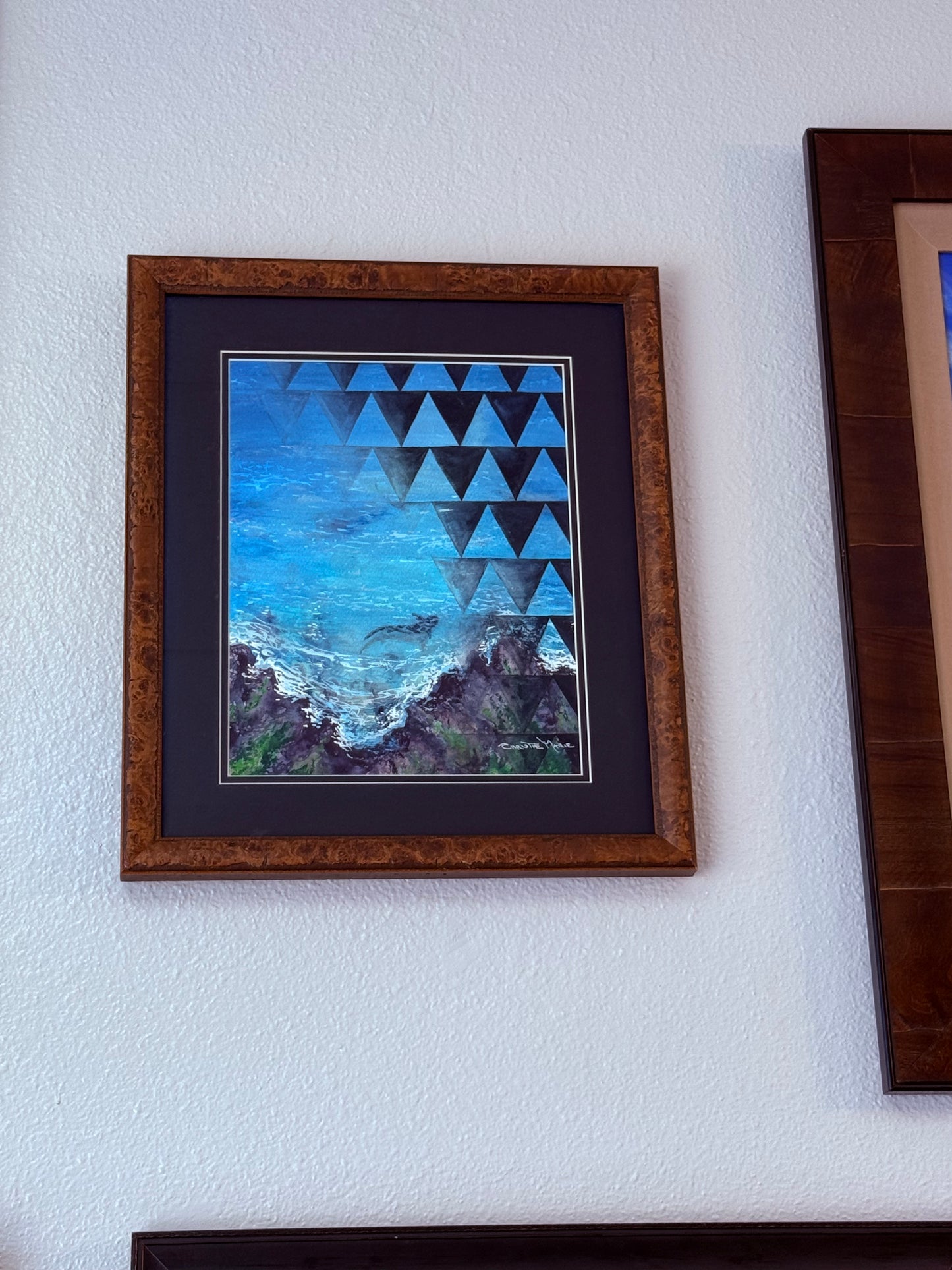 Original Framed Watercolor Art "Mano" Shark Amakua with Tattoo style tribal