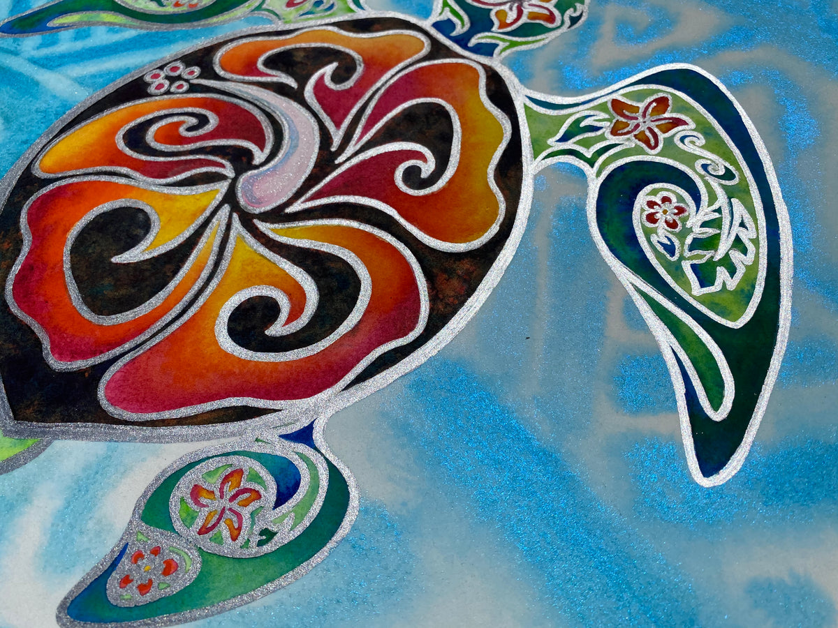 Detail of Nani Honu showing metallic silver linework, tropical floral motifs and transparent watercolor
