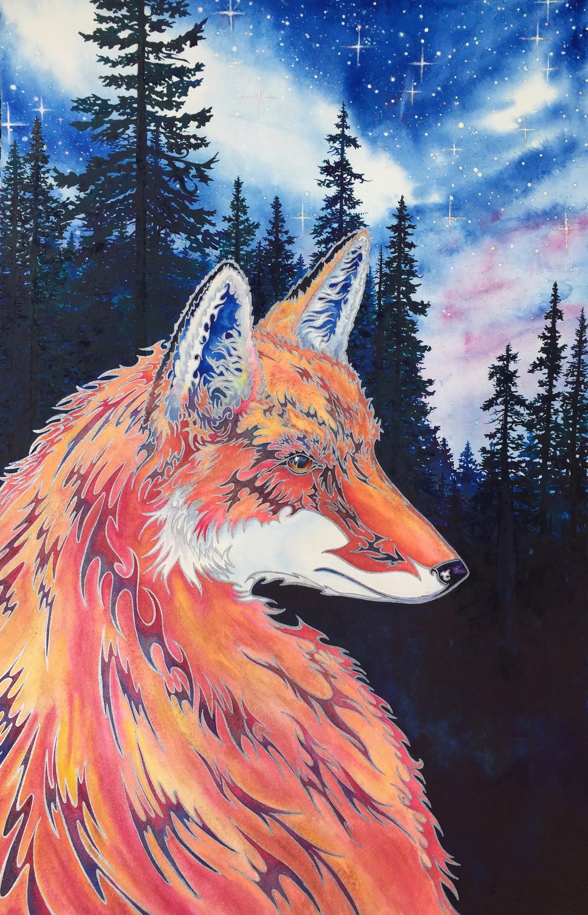 Spirit Fox original watercolor and metallic silver ink artwork by Christie Marie Elder featuring a fiery red fox beneath a star-filled forest sky

