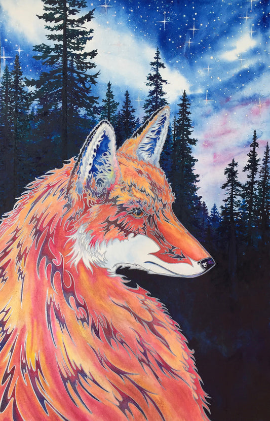 Spirit Fox original watercolor and metallic silver ink artwork by Christie Marie Elder featuring a fiery red fox beneath a star-filled forest sky
