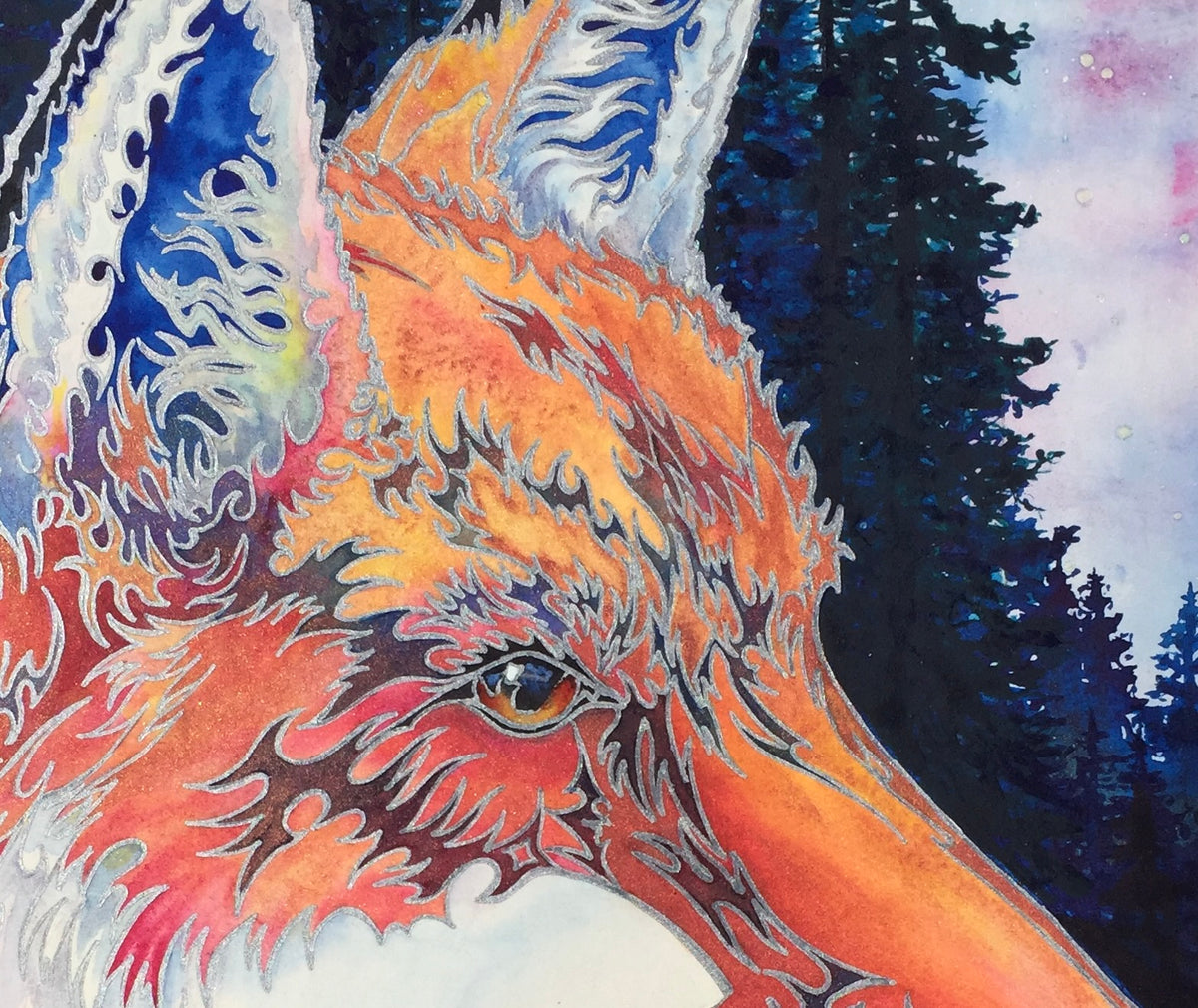 Close-up of the fox eye and metallic silver linework in Spirit Fox by Christie Marie Elder