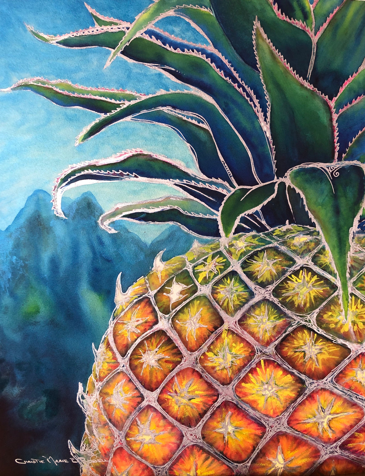 Sweet Welcome pineapple watercolor with tropical foliage, mountain landscape and metallic silver details