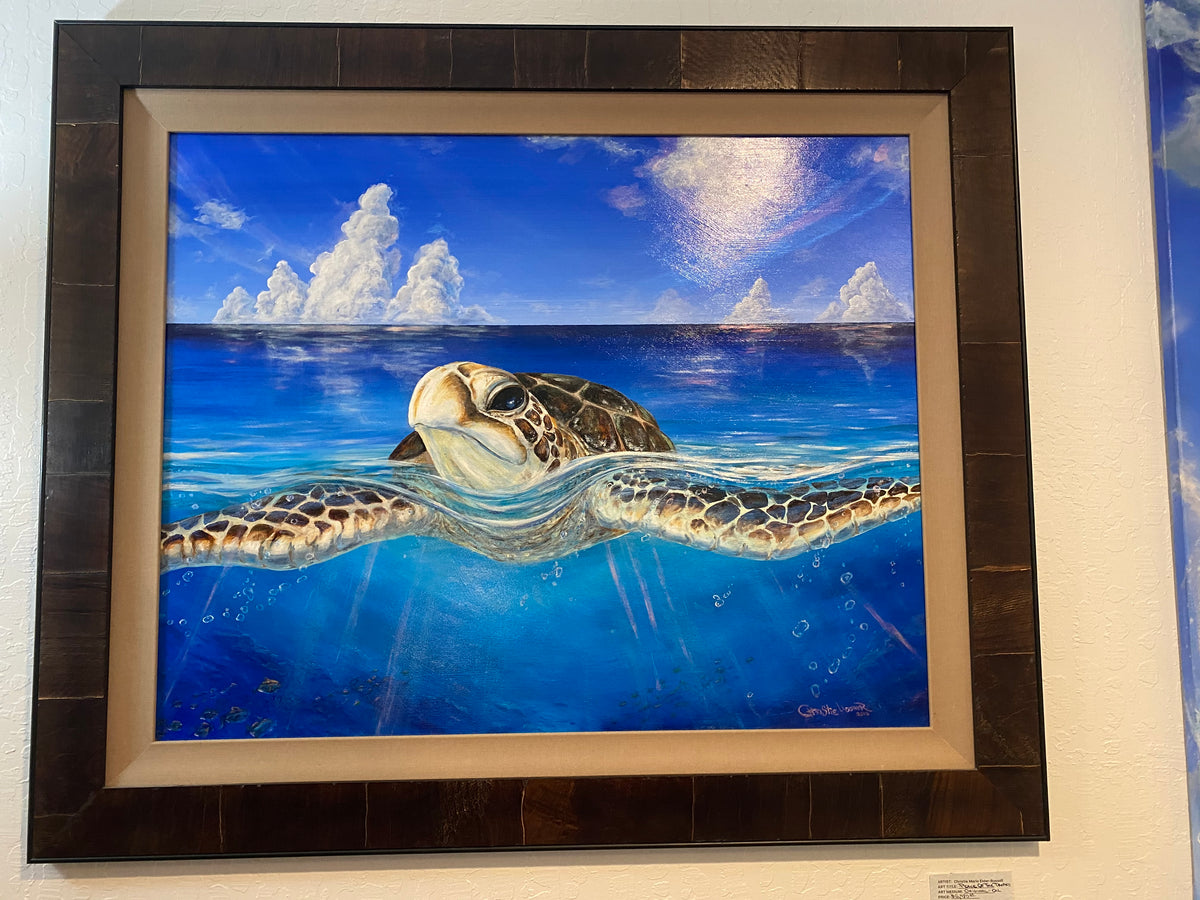 Peace of the Tropics original oil painting professionally framed in textured dark wood with a tan silk-covered liner