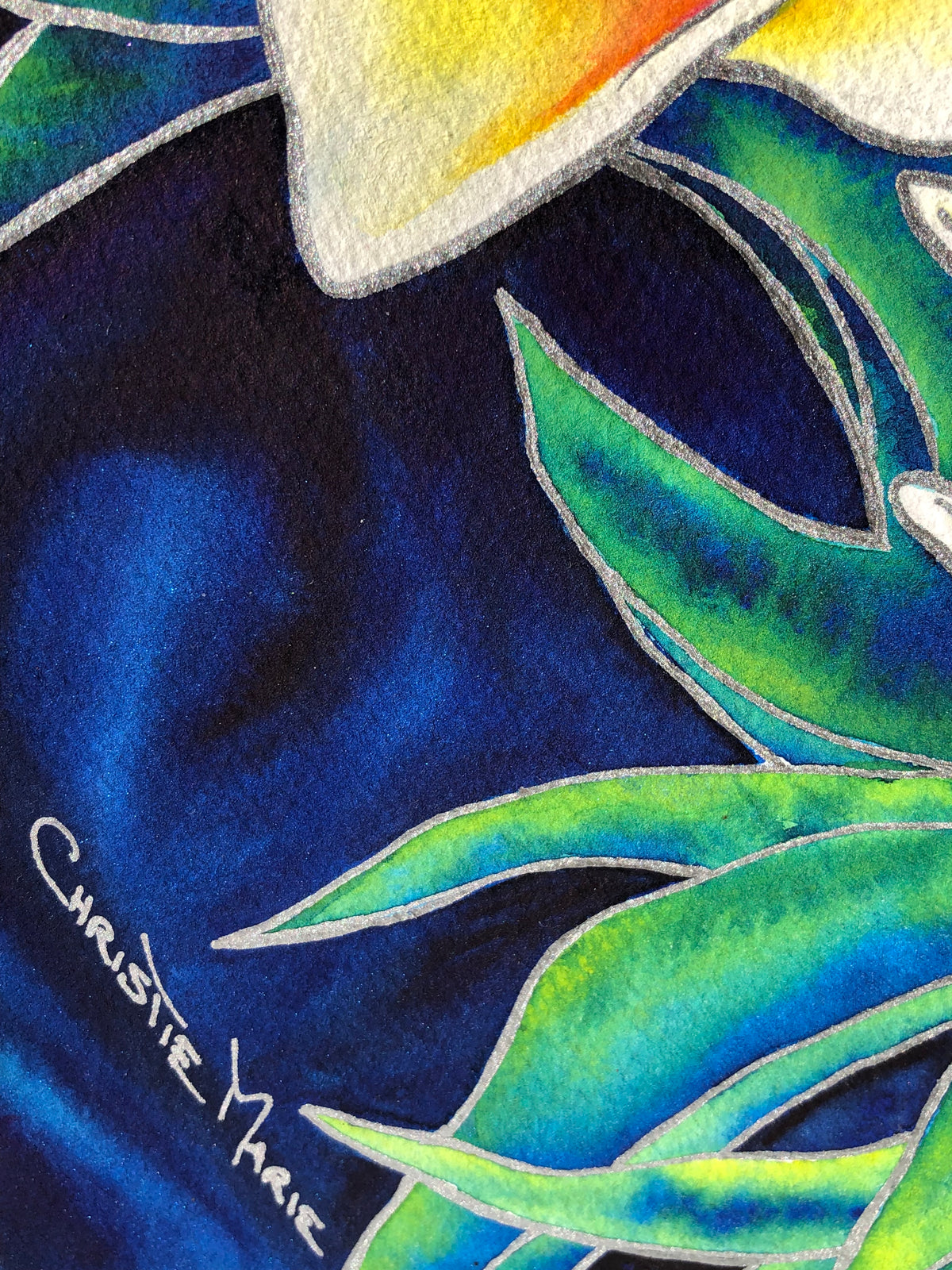 Detail of Wedding Lei showing Christie Marie Elder’s signature, silver linework, and layered transparent watercolor.