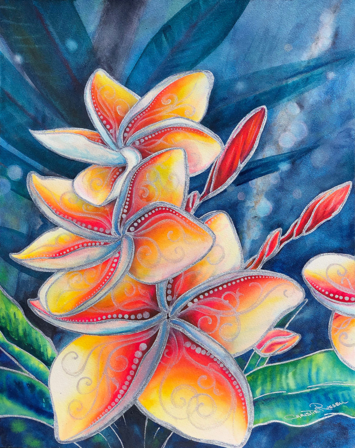 Mana original mixed-media artwork from Christie Marie Elder’s Silver Lining Series, featuring luminous plumeria at night with metallic silver and gemstone accents.