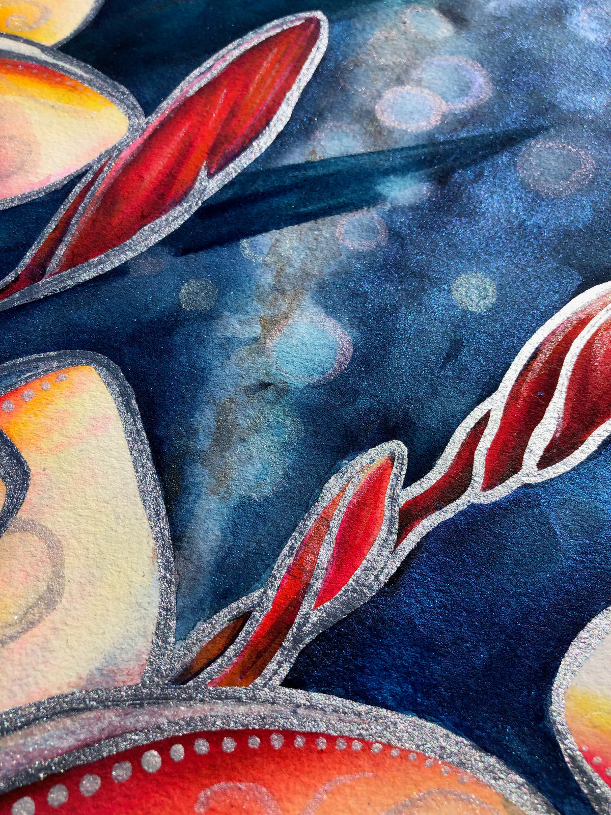 Close-up of Mana showing the deep nighttime background, tropical foliage, red buds, and subtle gemstone shimmer within the painting.