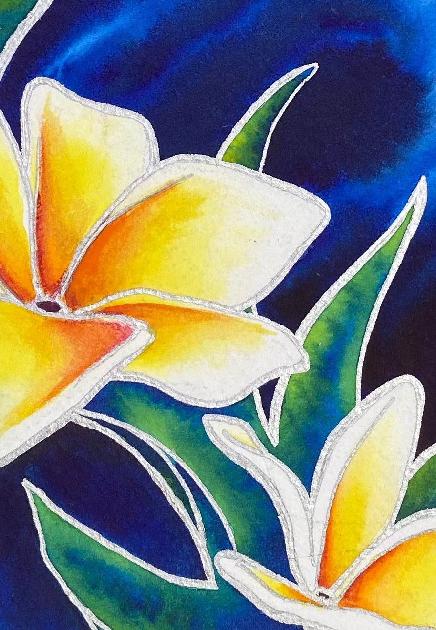 Close-up detail of Wedding Lei showing luminous yellow and white plumeria outlined in metallic silver against deep blue watercolor.