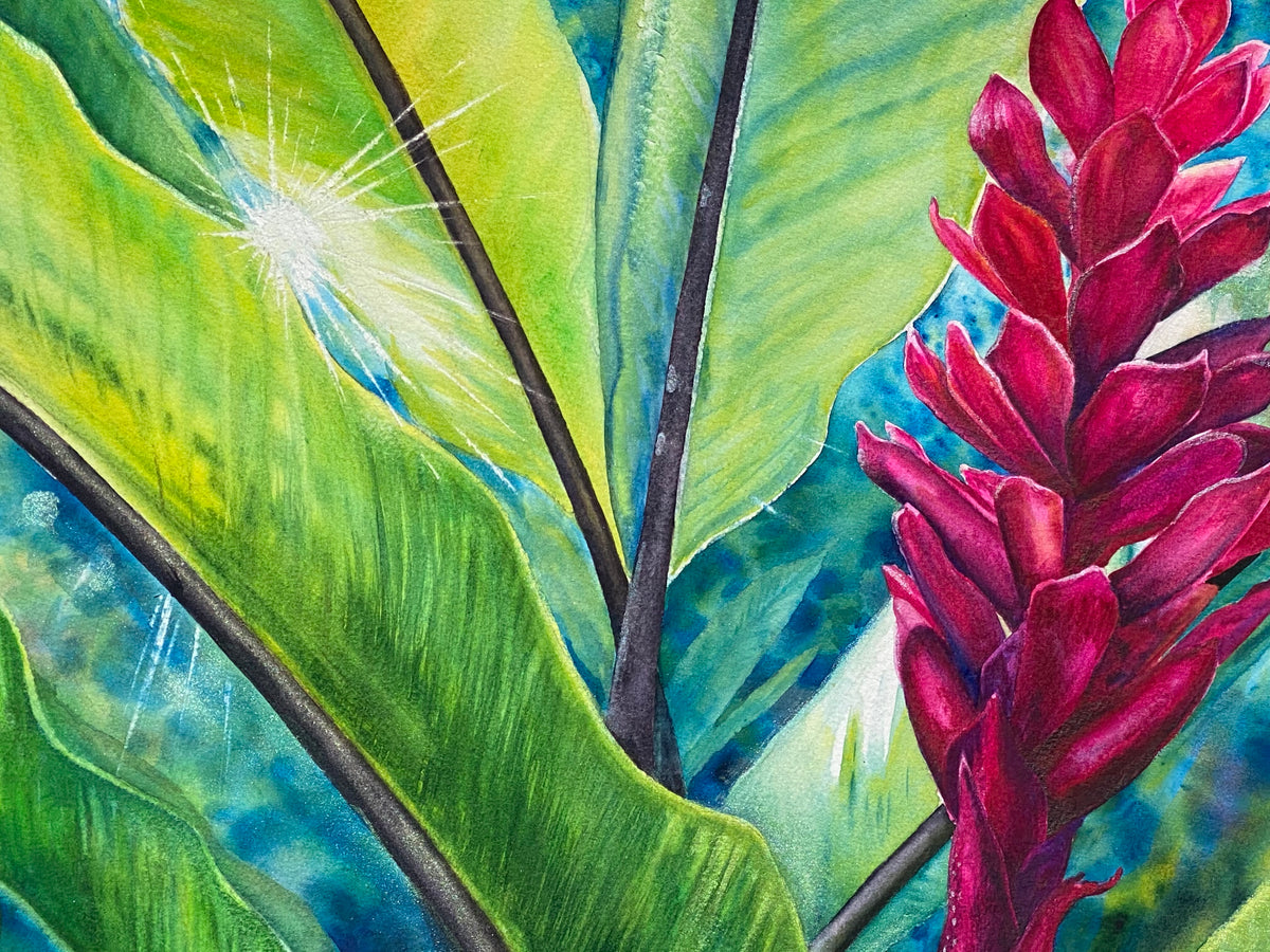 Detail of the carved tropical sunburst and preserved watercolor paper whites in Tropical Flame