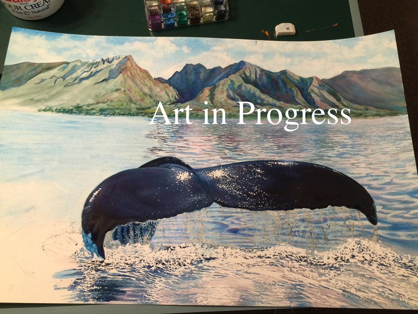 Original Watercolor Painting of Humpback Whale Lahaina, Hawaii Fine Art, genuine gemstone paints Artist Christie Marie E. Russell ©