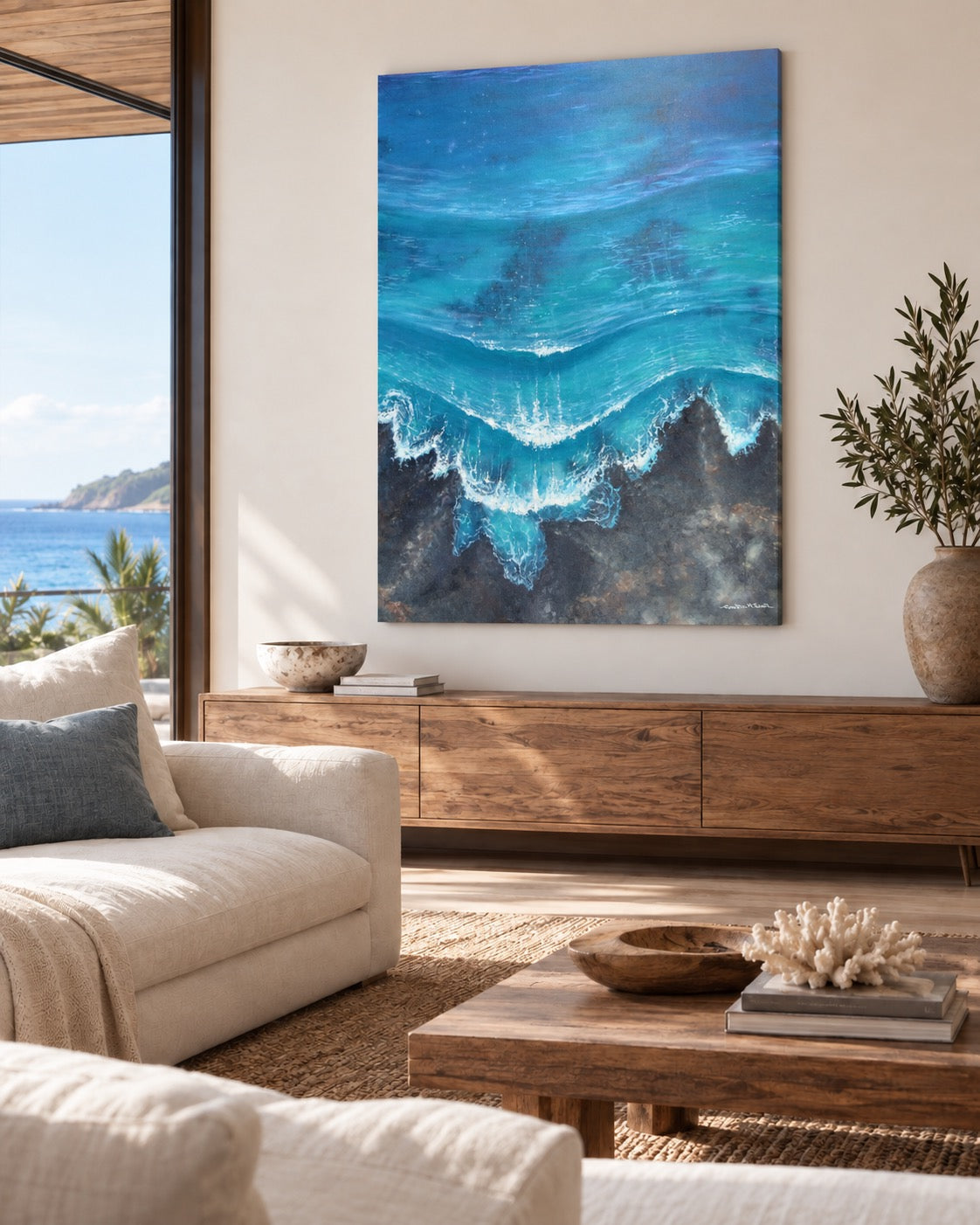 Interior visualization of Nalu me nā Nalu displayed in an airy contemporary coastal interior