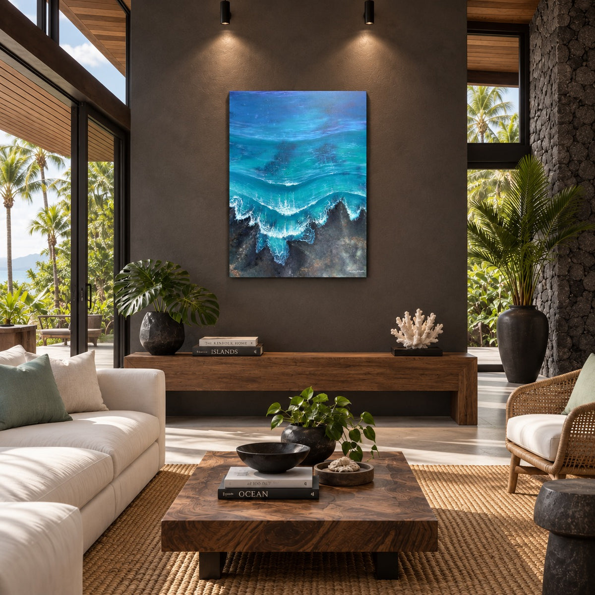 Interior visualization of Nalu me nā Nalu 48 by 36 inch original oil painting displayed on a tall dark wall with art lighting