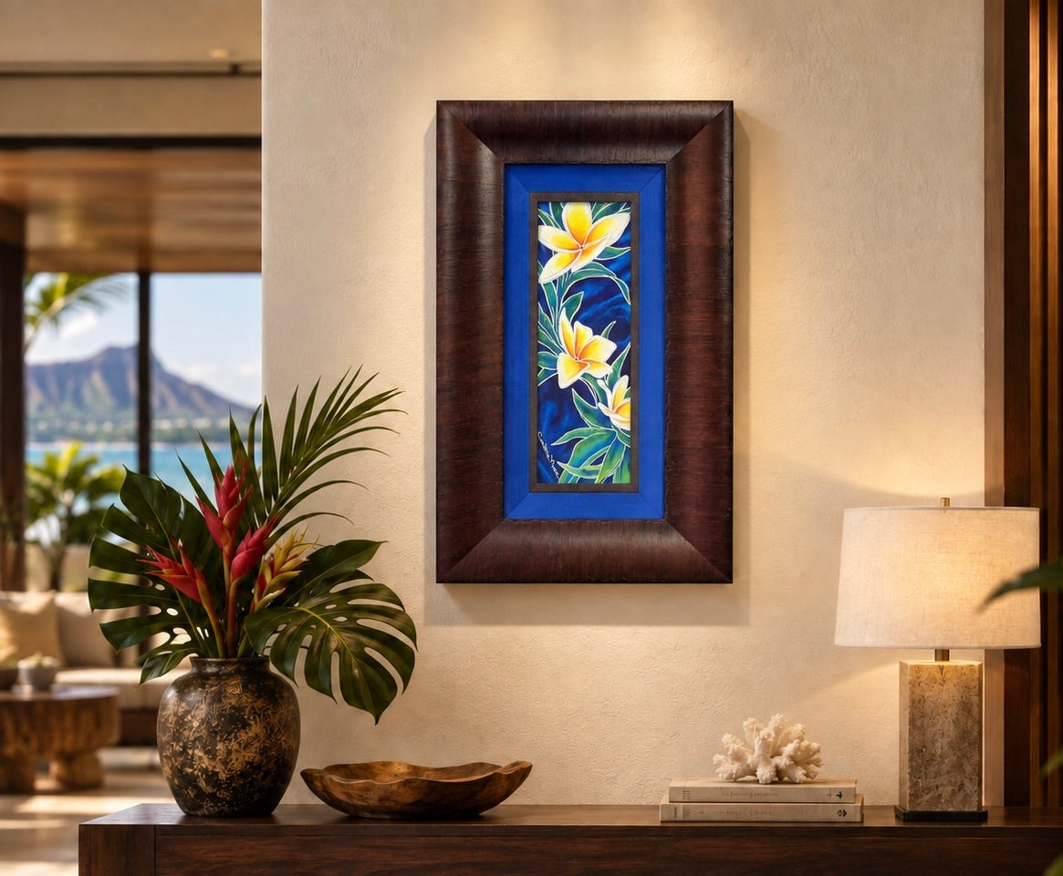 Wedding Lei displayed in an elegant tropical-luxe interior staging, illustrating the framed artwork’s scale and presence in a refined Hawai‘i-inspired home.