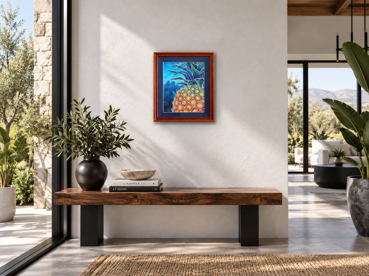 Sweet Welcome by Christie Marie Elder is an original tropical pineapple watercolor with metallic silver detailing, professionally framed and one of one.