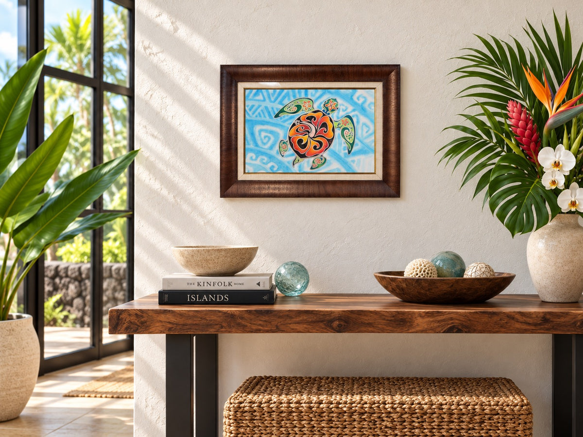 
Nani Honu framed original displayed in a bright modern tropical interior with natural wood and lush greenery